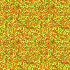 Painted seamless pattern with a curls and petals in green, orange and yellow gamma. Endless vector ornament for fabric and office supplies.