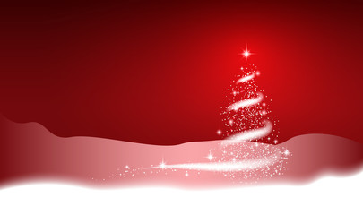 Christmas tree, blizzard, stars, snow,  sky, night, red background for New Year project. Winter background.