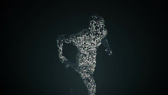 Abstract background with animation walking, running or standing human with surface from flickering binary digits of code. Animation of seamless loop. 