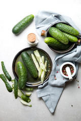 Natural green cucumbers, top view.