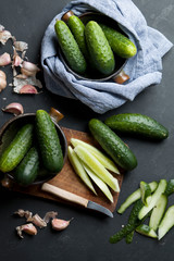 Natural green cucumbers, top view.