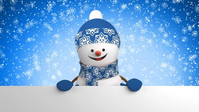 Cute Snowman in Blue Cap Greeting with Hand and Smiling at Snowfall Background. Beautiful 3d Cartoon Animation Green Screen Alpha Matte. Animated Greeting Card. Christmas Concept. 4k UHD 3840x2160