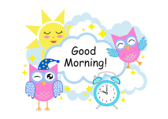 Good Morning greeting card with owls, sun, clouds and alarm clock. vector illustration