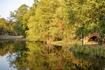 Wundervolle Herbstansicht mit Alleen,Teich ,Brücke und bunt gefärbten Bäumen und Blättern in Leipzig