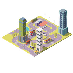 Vector 3d isometric megapolis, city with skyscrapers, parking places and gas station. Collection of houses, buildings with park trees. Streets with traffic - cars, automobiles.
