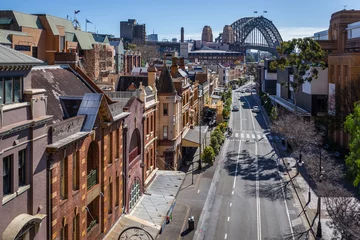 Printed kitchen splashbacks Sydney View of George Street in the Rocks, the historic district of Sydney. In the background, the harbour Bridge.