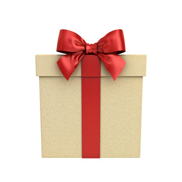 Cardboard Gift Box or Present Box with Red Ribbon Bow isolated on white background 3D rendering
