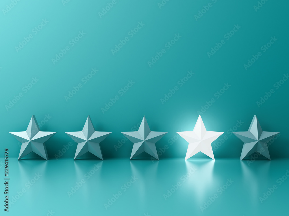 Poster stand out from the crowd and different creative idea concepts one glowing light star standing among 