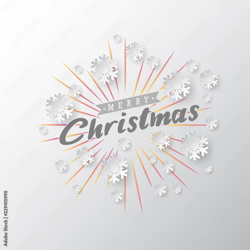 Aufkleber White paper cut of vector snowflake on gradient colours background with merry christmas phase text