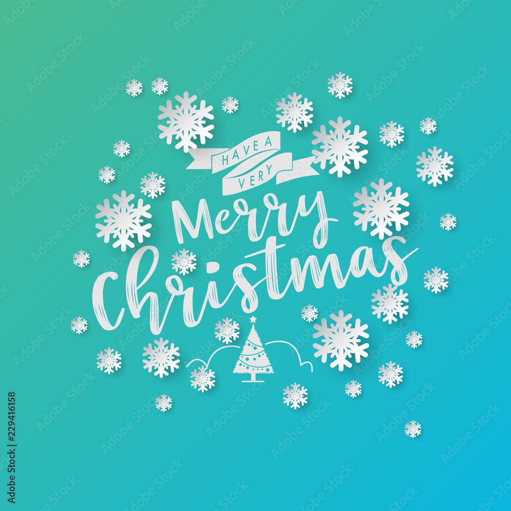 Aufkleber White paper cut of vector snowflake on gradient colours background with merry christmas phase text