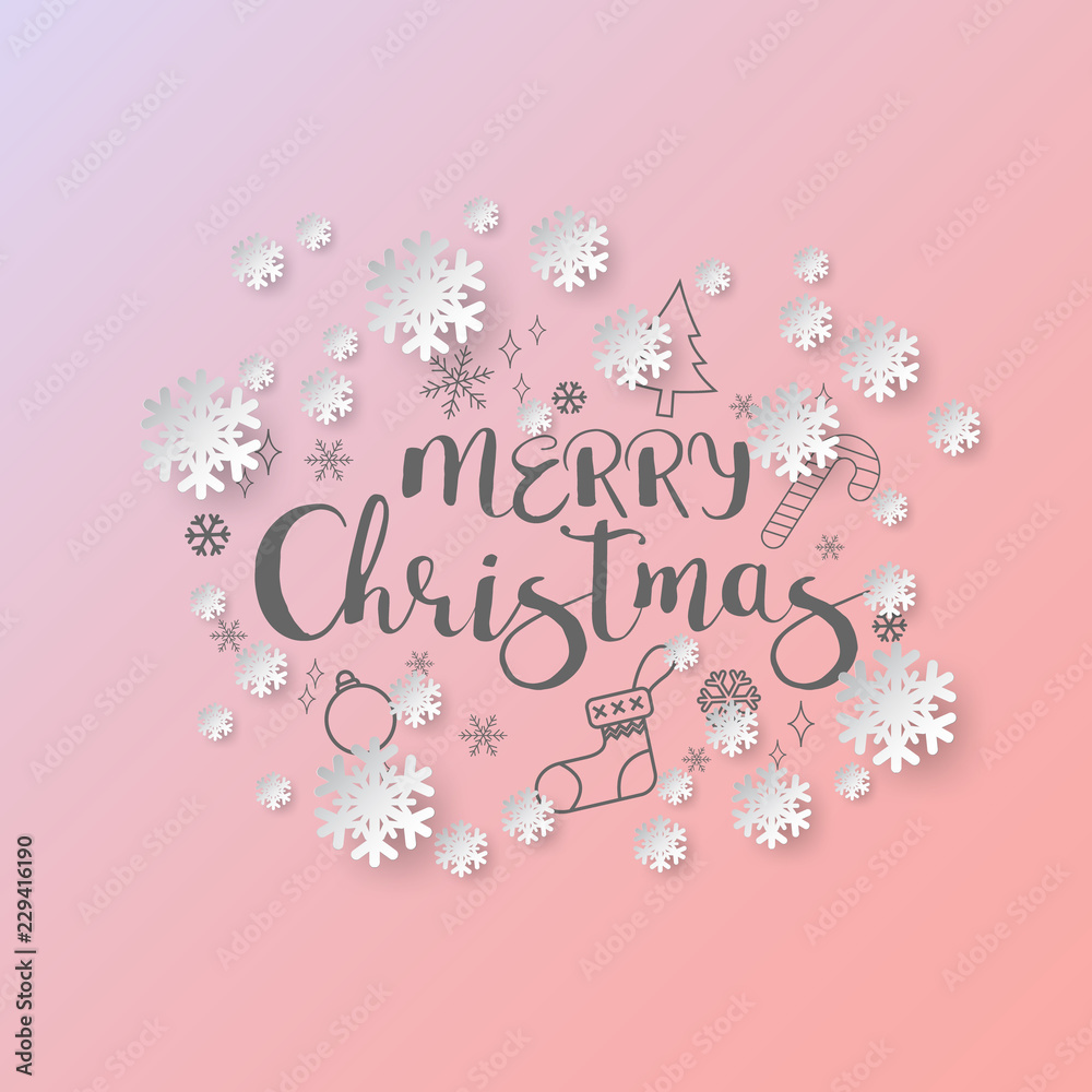 Aufkleber White paper cut of vector snowflake on gradient colours background with merry christmas phase text
