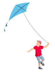 Boy playing kite. Vector illustration of a cheerful boy flying kite.