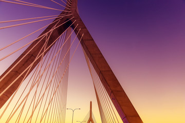 cable bridge. Leonard P. Zakim Bunker Hill Memorial Bridge, Boston, USA at sunset. Copy space for...