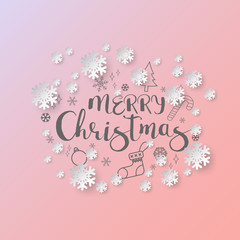 White paper cut of vector snowflake on gradient colours background with merry christmas phase text