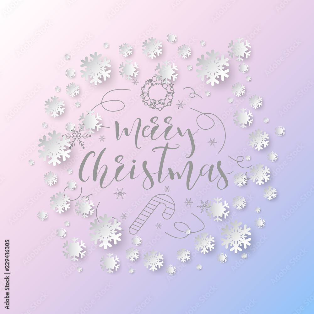 Poster white paper cut of vector snowflake on white ornate background with merry christmas phase text