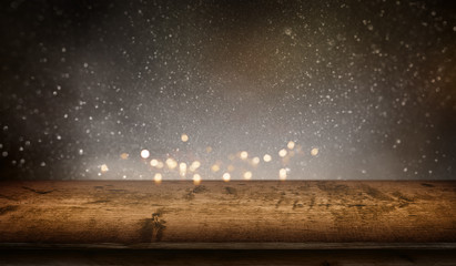 Starry sky with wooden table