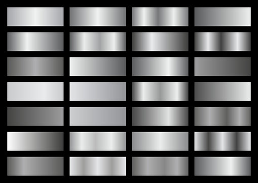 Silver metal gradient set. Vector metallic texture. Big collection of silver metallic gradients on black background