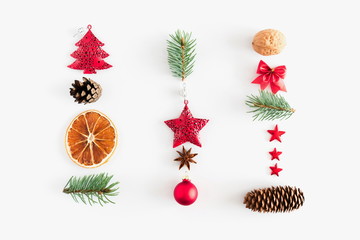 Christmas minimal winter composition. Xmas decorations on white background. Christmas or New Year. Winter holidays concept. Flat lay, top view, copy space 