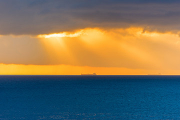 View of the seascape at sunset in Playa Lagun, Curacao, Netherlands. Copy space for text.