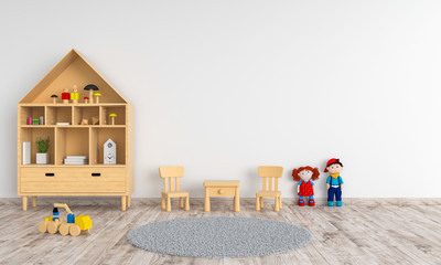 Wood table and chair in white child room for mockup, 3D rendering