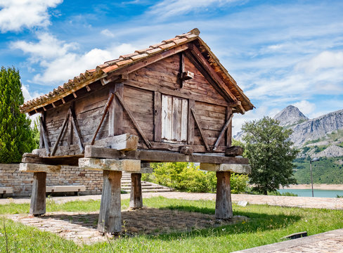 Old wooden Horreo, typical rural construction in Spain. Riano, province of Leon. Castile and Leon, northern Spain