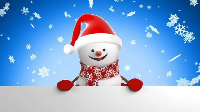 Cute Snowman in Santa Hat Greeting with Hand and Smiling Snowfall Background. Beautiful 3d Cartoon Animation Green Screen Alpha Mask. Animated Greeting Card. Christmas Concept. 4k Ultra HD 3840x2160