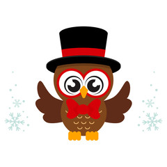 winter cartoon cute owl in hat with tie