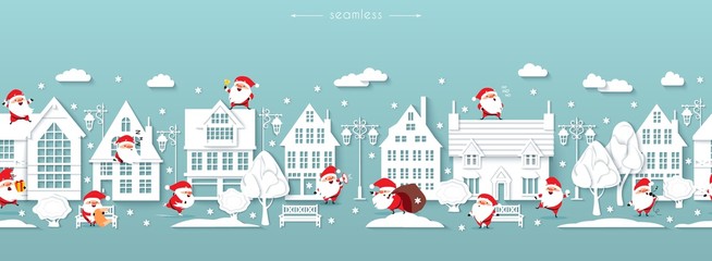 Seamless Christmas border, winter street, Scandinavian style white paper buildings with funny Santa Clauses, lanterns, benches, trees, snowflakes, snow drifts, Winter time, Vector illustration