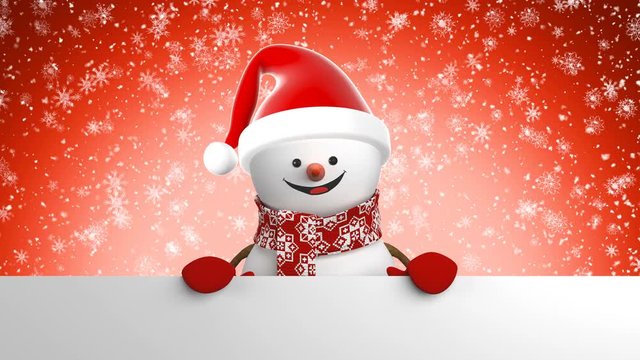 Beautiful Happy Snowman in Santa Hat Greeting with Hand and Smiling at Snowfall. 3d Cartoon Animation Green Screen Alpha Channel. Animated Greeting Card. New Year Concept. 4k Ultra HD 3840x2160