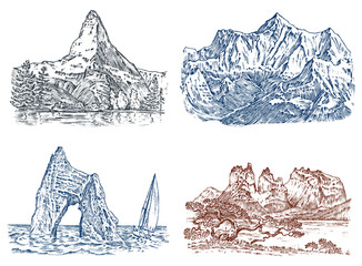 Mountains peaks, vintage Everest and matterhorn, old looking hand drawn, sketch or engraved style, different versions for hiking, climbing. landscape of nature. valley with green trees.