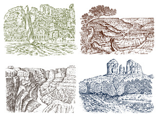 Mountain peaks with forest. Grand Canyon in Arizona. Graphic monochrome landscape. Engraved hand drawn old sketch. Vector illustration for a poster or label.