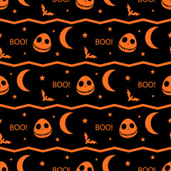 Halloween seamless pattern with masks,moons,bats,stars and stripes.October holiday vector background.Repeating textile texture