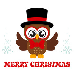 winter cartoon cute owl in hat with tie and christmas text