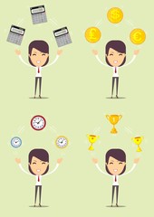 woman with different objects. Vector illustration flat design. Isolated on background. Organization of process.