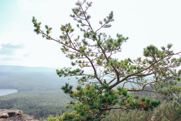 View from the mountain to the lake and forest cloudy sky