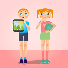 little sister and brother are standing in a pink room, boy is showing photo of ufo and girl is surprised