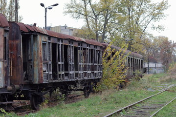Fototapeta na wymiar Old train wagon, abandoned, rusty, Krakow, Plaszow