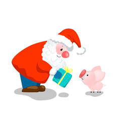 Cute Christmas scene. Santa Claus presents Cristmas gift to little piglet. Winter holiday vector illustration on white background.