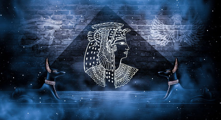 Abstract ancient Egyptian background, Cleopatra. Dark background.