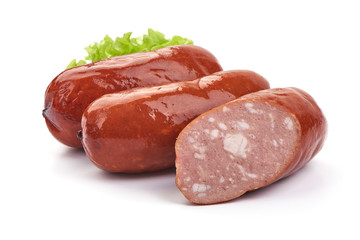 Hungarian or German grilled sliced sausages. Isolated on a white background. Close-up.