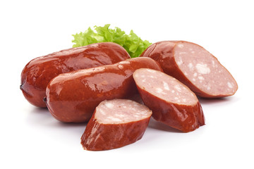 Hungarian or German grilled sliced sausages. Isolated on a white background. Close-up