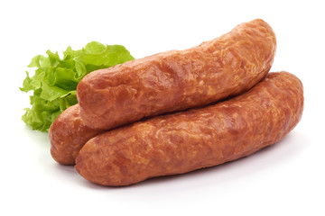 Tasty Dried Sausages with lettuce, Close-up, isolated on a white background.