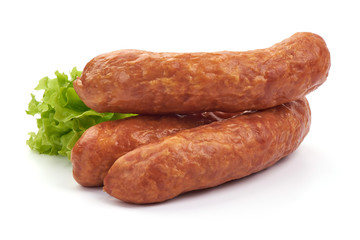 Chorizo sausages with lettuce, Close-up, isolated on a white background.
