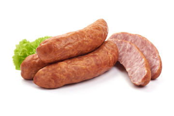 Pork Dried Sausages with lettuce, Close-up, isolated on a white background.
