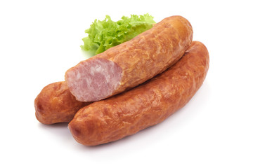 Chinese Dried Sausages with lettuce, Close-up, isolated on a white background.