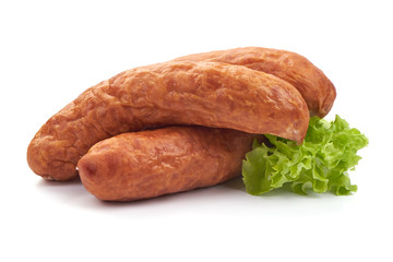 Garlic Pork Sausages with lettuce, Close-up, isolated on a white background.