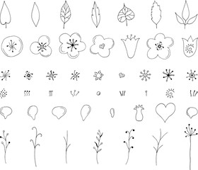 Floral doodle set. Flowers and leaves. Vector illustration. Isolated on white background. 