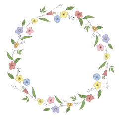 Wreath with abstract flowers doodle. Vector illustration. Round floral frame. 