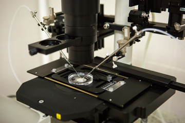 The equipment in the laboratory of the clinic of in vitro fertilization IVF. Microscope, tubes, nitrogen, other devices for chemical manipulations in the laboratory