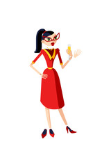 Businesswoman character in a red dress standing drinking white vine. Female character in a dress and high heeled shoes with a glass in her hand. Mascot for a business. Avatar for an office worker